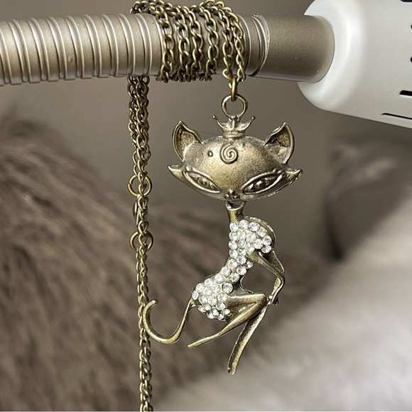 Pendant Only | Vintage | Brass Crowned Cat Lady In Rhinestone Dress 2.5" Tall - Picture 8 of 9